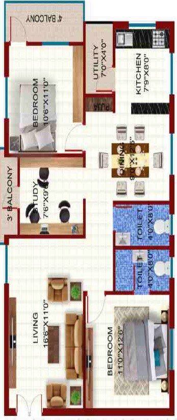 Floor plan of 2 BHK 1375 Sq. Ft. Apartment in Aadyas Vidhatri, Hyderabad
