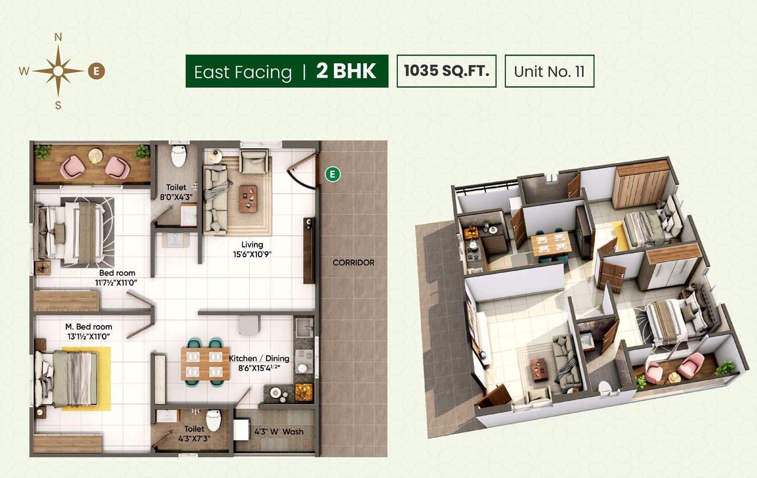 Floor plan of 2 BHK 1035 Sq. Ft. Apartment in Aakanksha Royal Palms, Hyderabad