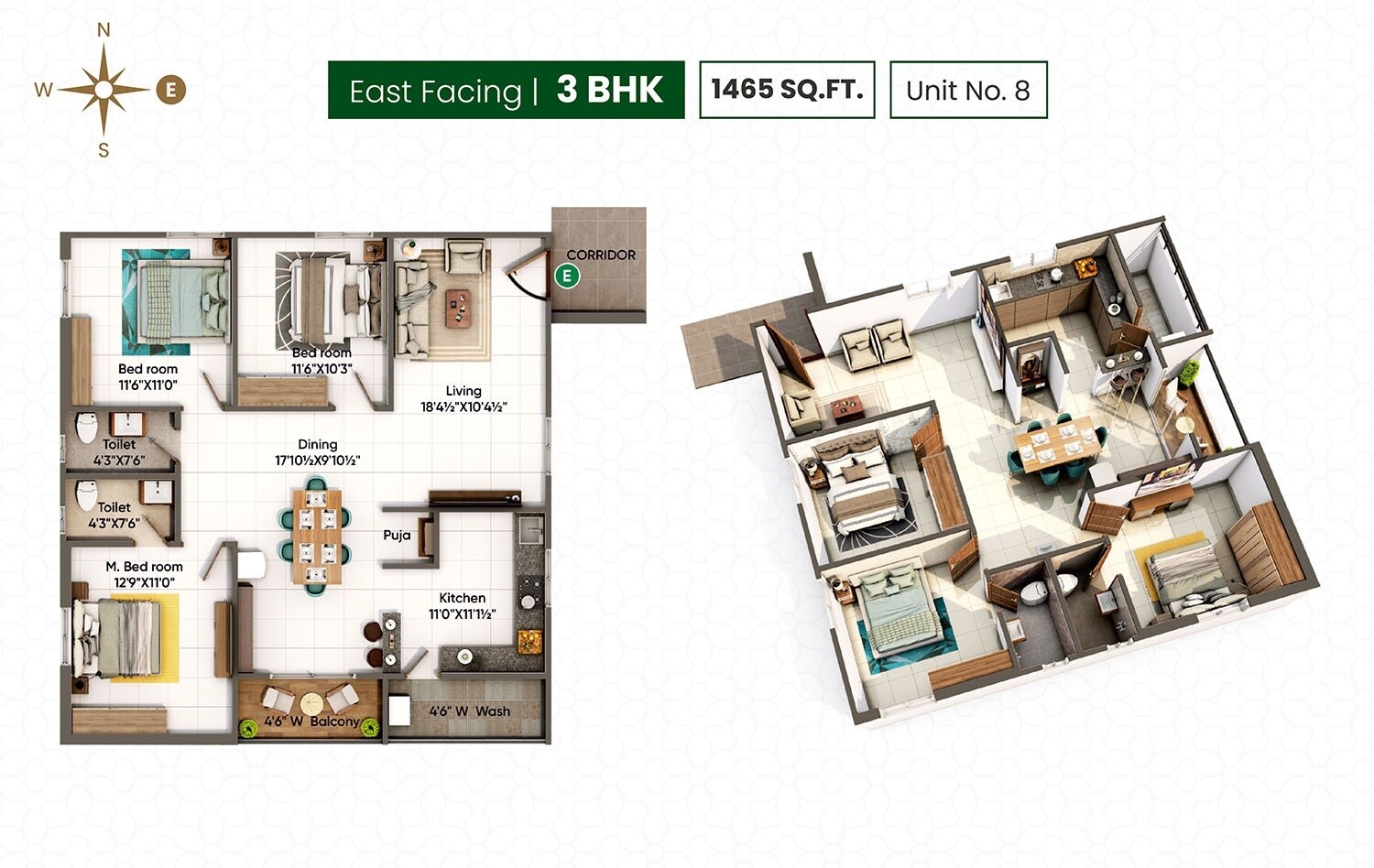Floor plan of 3 BHK 1465 Sq. Ft. Apartment in Aakanksha Royal Palms, Hyderabad
