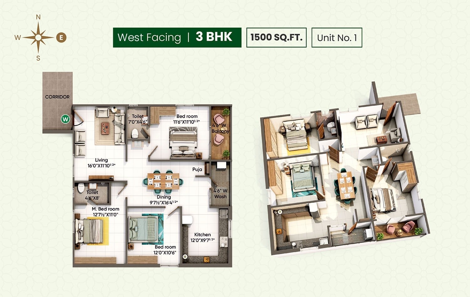 Floor plan of 3 BHK 1500 Sq. Ft. Apartment in Aakanksha Royal Palms, Hyderabad