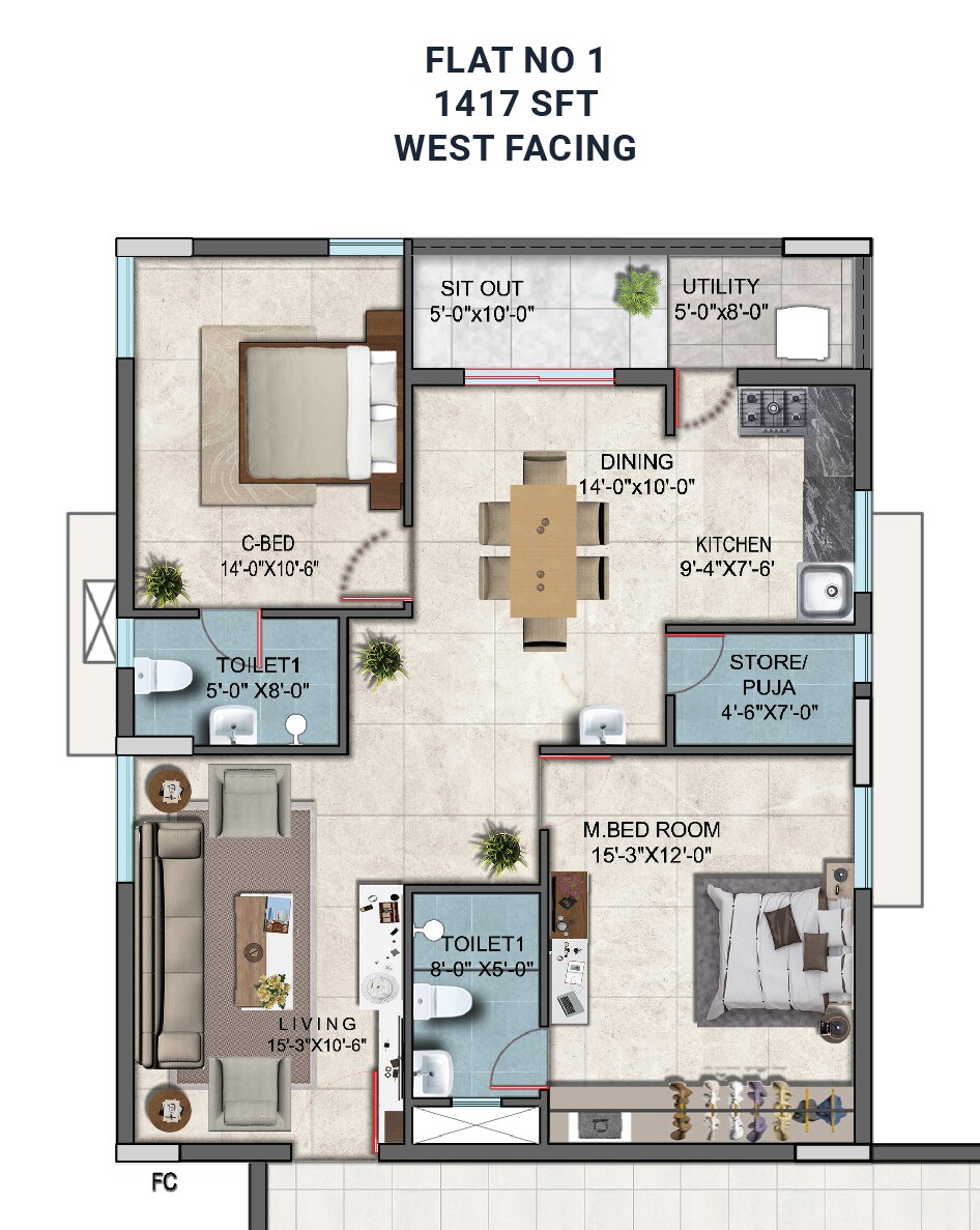 2 BHK 1417 Sq. Ft. Apartment