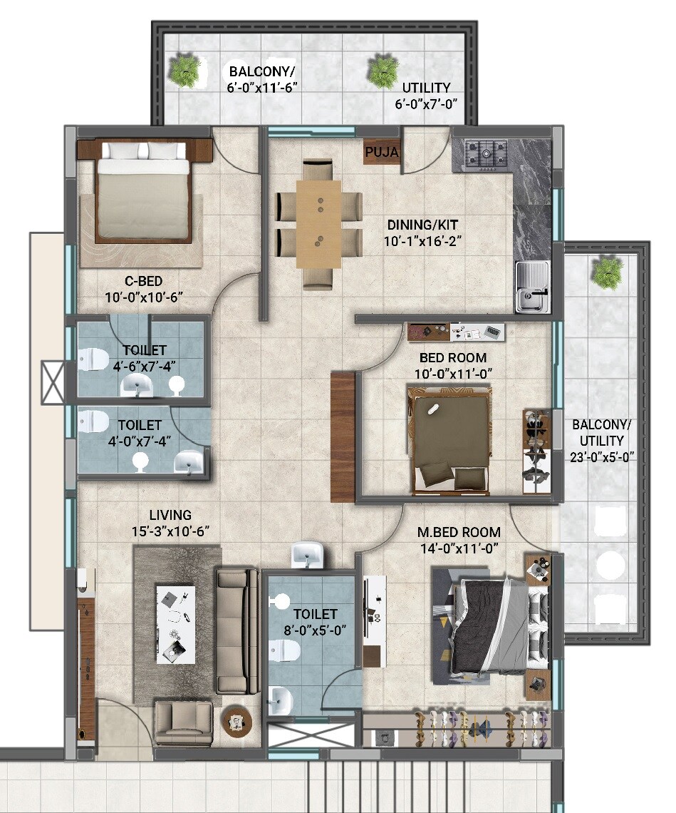 3 BHK 1467 Sq. Ft. Apartment