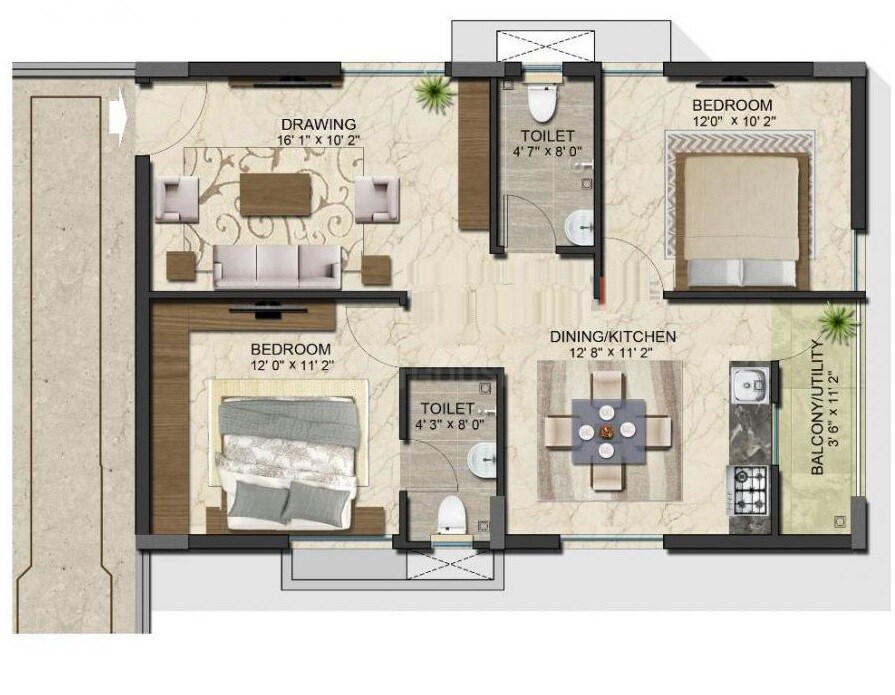 Floor plan of 2 BHK 1465 Sq. Ft. Apartment in Aakriti Esta, Hyderabad