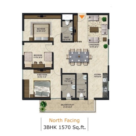 Floor plan of 3 BHK 1570 Sq. Ft. Apartment in Aakriti Esta, Hyderabad