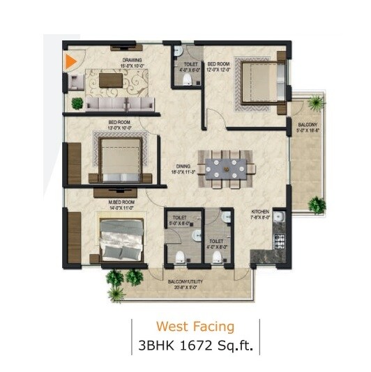 Floor plan of 3 BHK 1672 Sq. Ft. Apartment in Aakriti Esta, Hyderabad