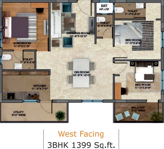 Floor plan of 3 BHK 1399 Sq. Ft. Apartment in Aakriti Honey Dew, Hyderabad