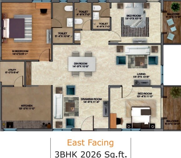 Floor plan of 3 BHK 2026 Sq. Ft. Apartment in Aakriti Honey Dew, Hyderabad