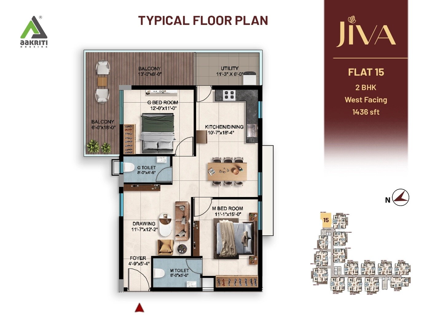 Floor plan of 2 BHK 1436 Sq. Ft. Apartment in Aakriti Jiva, Hyderabad