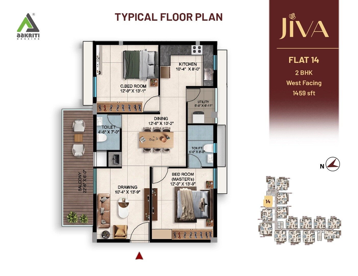 Floor plan of 2 BHK 1459 Sq. Ft. Apartment in Aakriti Jiva, Hyderabad