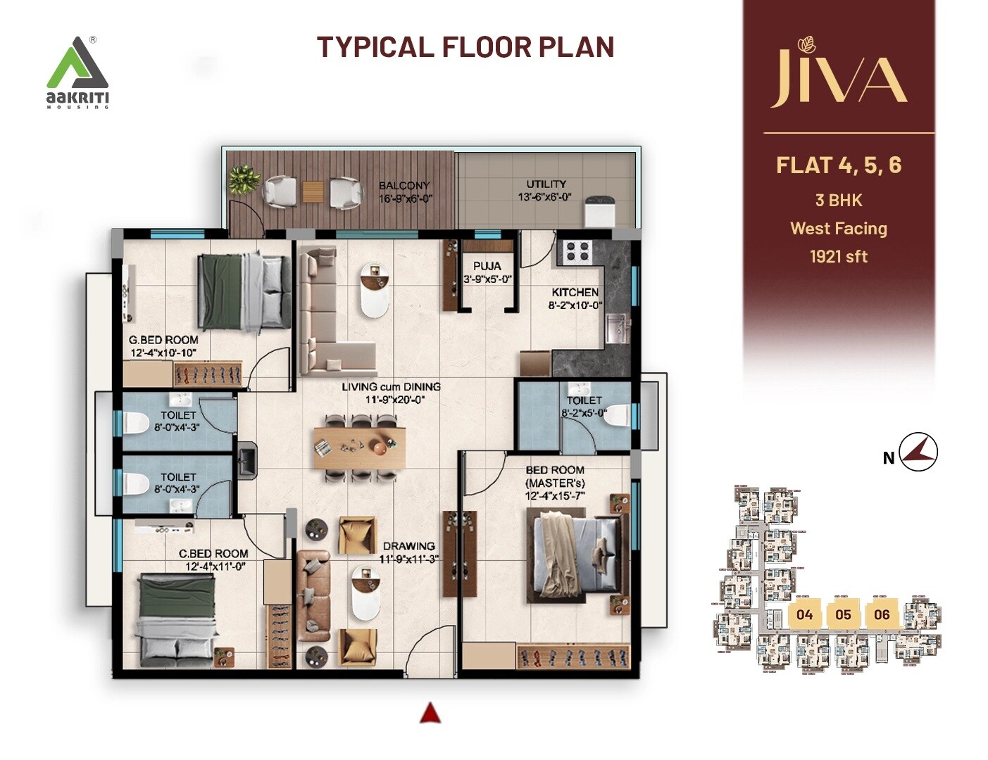 Floor plan of 3 BHK 1921 Sq. Ft. Apartment in Aakriti Jiva, Hyderabad