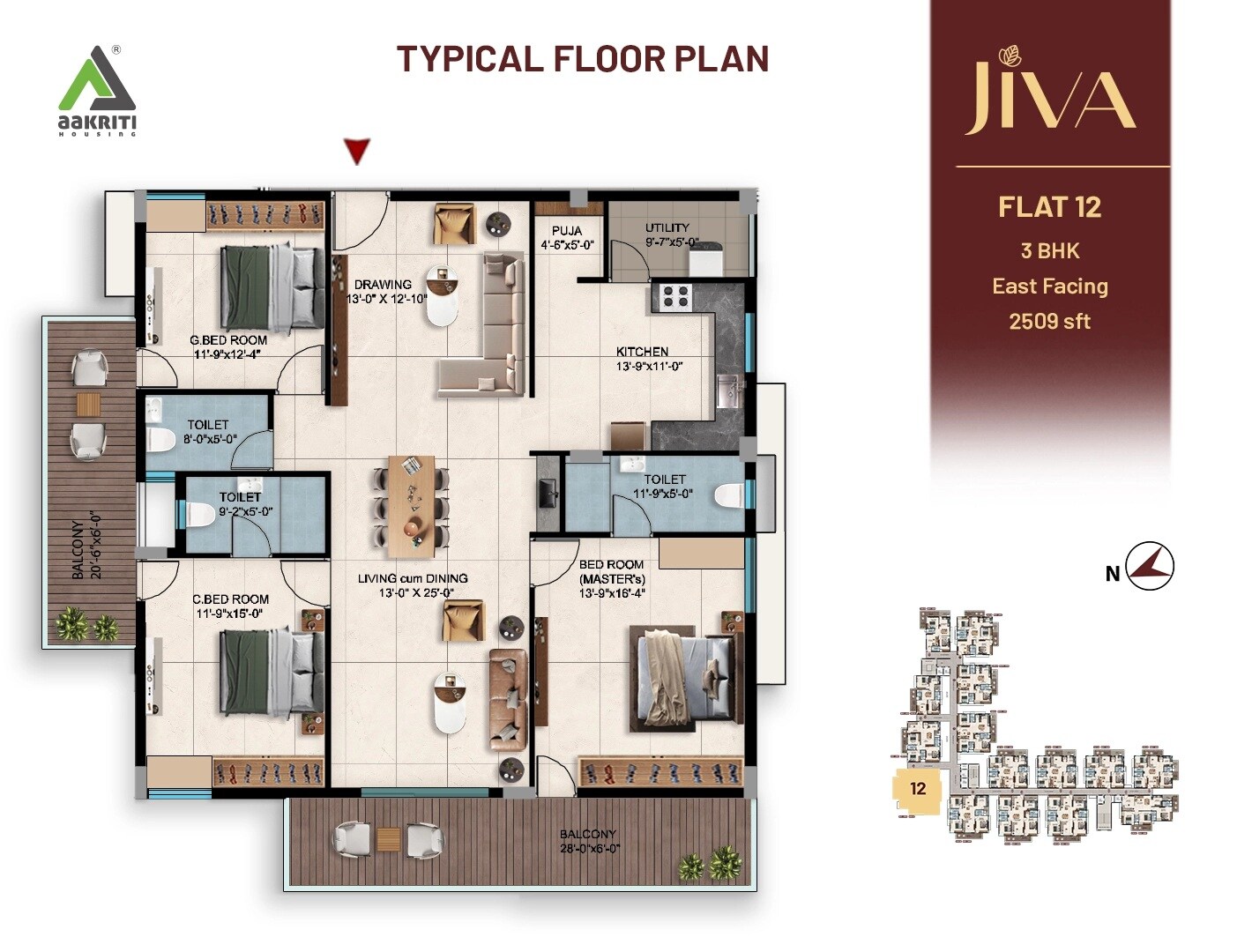 Floor plan of 3 BHK 2509 Sq. Ft. Apartment in Aakriti Jiva, Hyderabad