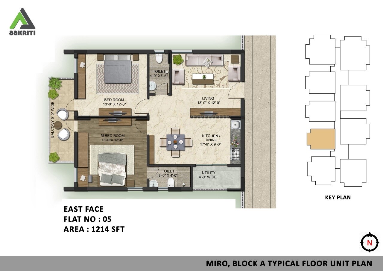Floor plan of 2 BHK 1214 Sq. Ft. Apartment in Aakriti Miro, Hyderabad