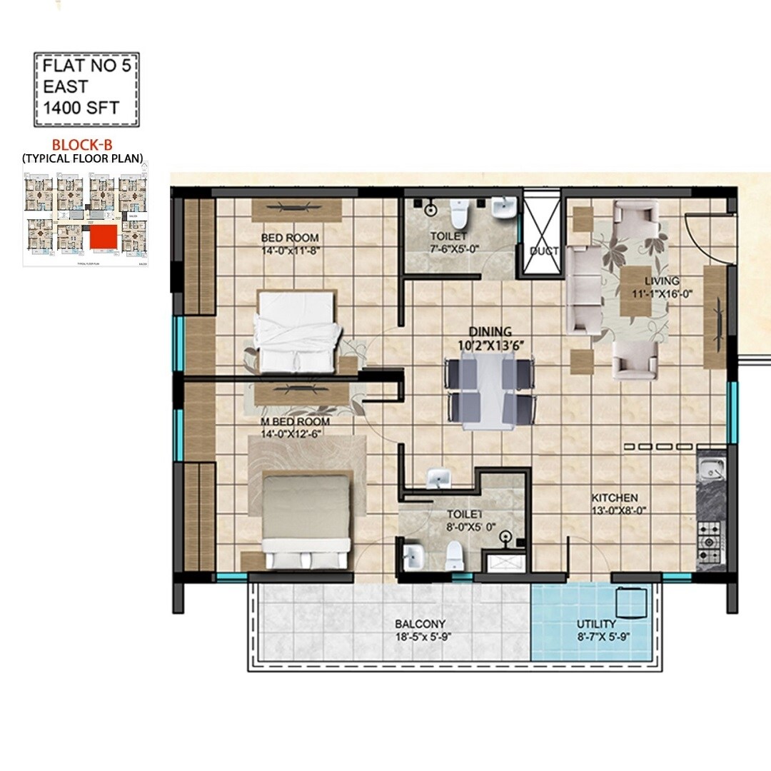 Floor plan of 2 BHK 1400 Sq. Ft. Apartment in Aakriti Miro, Hyderabad