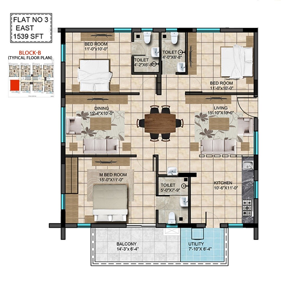 Floor plan of 3 BHK 1539 Sq. Ft. Apartment in Aakriti Miro, Hyderabad