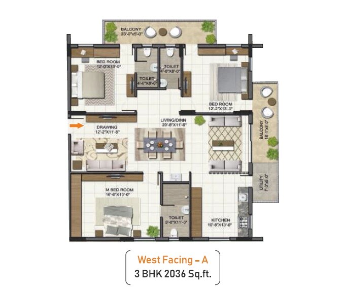 Floor plan of 3 BHK 2036 Sq. Ft. Apartment in Aakriti Miro, Hyderabad