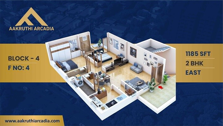 Floor plan of 2 BHK 1185 Sq. Ft. Apartment in Aakruthi Arcadia, Hyderabad