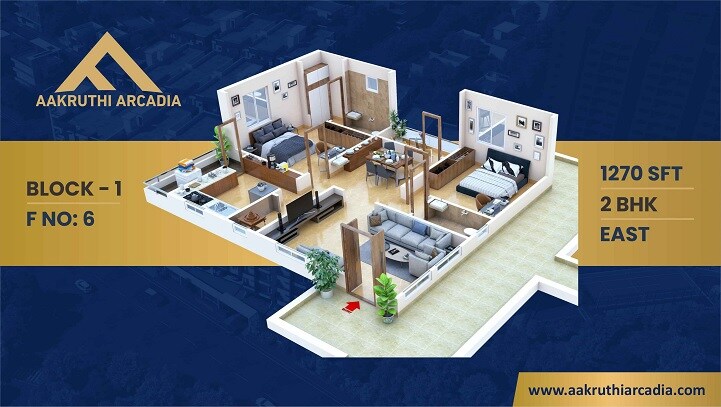 Floor plan of 2 BHK 1270 Sq. Ft. Apartment in Aakruthi Arcadia, Hyderabad