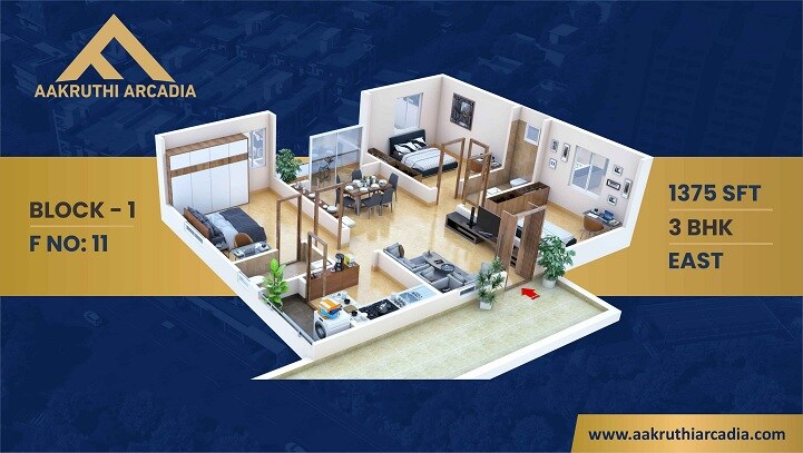 Floor plan of 3 BHK 1335 Sq. Ft. Apartment in Aakruthi Arcadia, Hyderabad