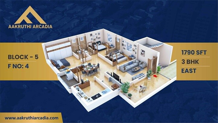 Floor plan of 3 BHK 1790 Sq. Ft. Apartment in Aakruthi Arcadia, Hyderabad
