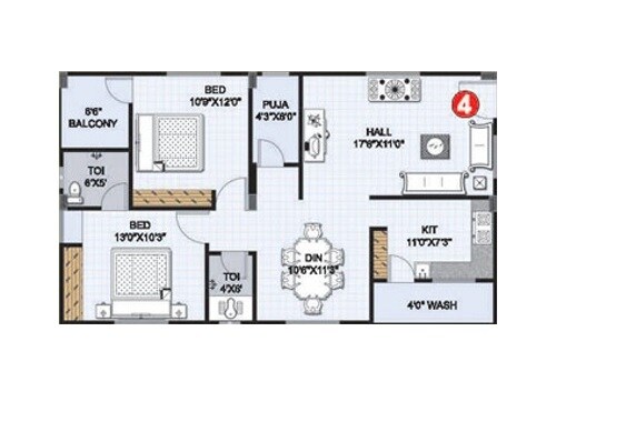 Floor plan of 2 BHK 1100 Sq. Ft. Apartment in Aakruti Mansion, Hyderabad