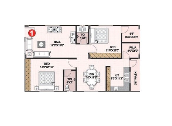 Floor plan of 2 BHK 1125 Sq. Ft. Apartment in Aakruti Mansion, Hyderabad