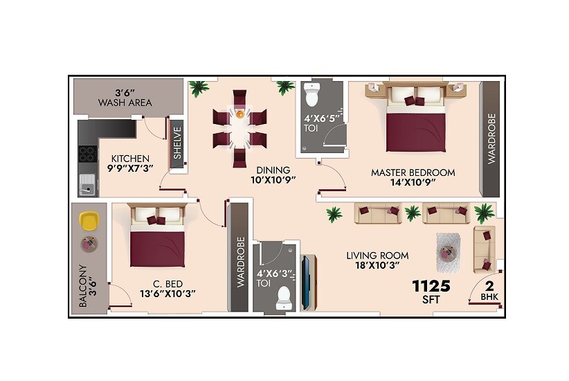 2 BHK 1125 Sq. Ft. Apartment