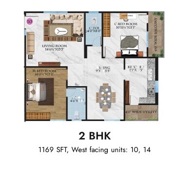 Floor plan of 2 BHK 1169 Sq. Ft. Apartment in Aalaya Vasudha Apex, Hyderabad