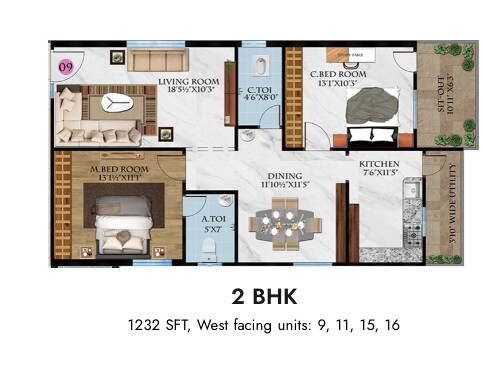 Floor plan of 2 BHK 1232 Sq. Ft. Apartment in Aalaya Vasudha Apex, Hyderabad