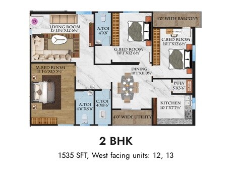Floor plan of 3 BHK 1535 Sq. Ft. Apartment in Aalaya Vasudha Apex, Hyderabad