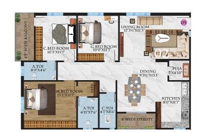 Floor plan of 3 BHK 1550 Sq. Ft. Apartment in Aalaya Vasudha Apex, Hyderabad