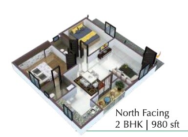 Floor plan of 2 BHK 980 Sq. Ft. Apartment in Aaradhya Aavas, Hyderabad