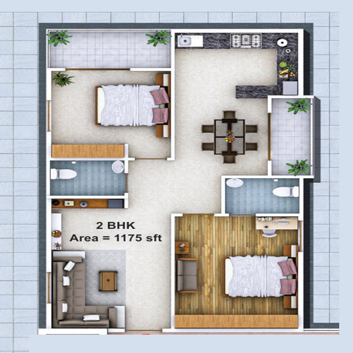 Floor plan of 2 BHK 1175 Sq. Ft. Apartment in Aarna Prapthi Residency, Hyderabad