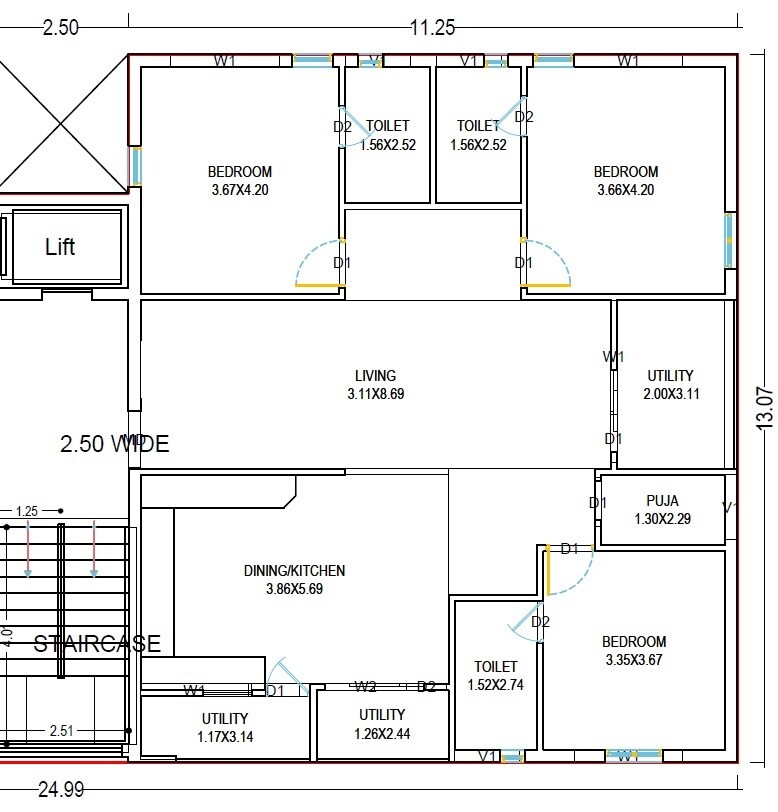 Floor plan of 3 BHK 2010 Sq. Ft. Apartment in Aashray Sri Krishna, Hyderabad