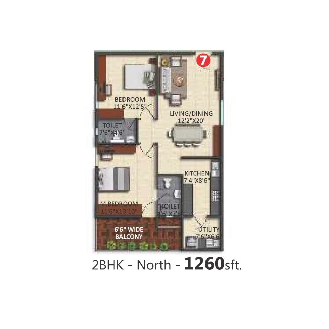 Floor plan of 2 BHK 1260 Sq. Ft. Apartment in Aashvi Urban Habitat, Hyderabad