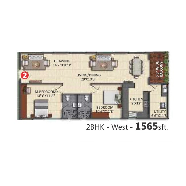 Floor plan of 2 BHK 1565 Sq. Ft. Apartment in Aashvi Urban Habitat, Hyderabad
