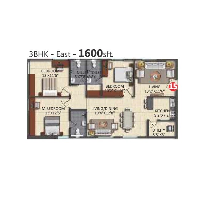 Floor plan of 3 BHK 1600 Sq. Ft. Apartment in Aashvi Urban Habitat, Hyderabad