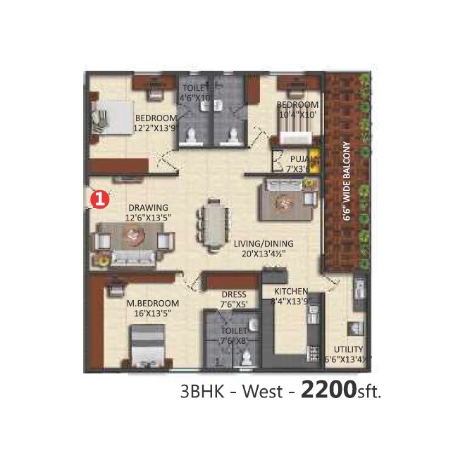 Floor plan of 3 BHK 2200 Sq. Ft. Apartment in Aashvi Urban Habitat, Hyderabad
