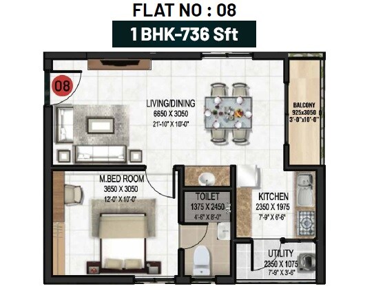 Floor plan of 1 BHK 736 Sq. Ft. Apartment in Aastha Gardenia, Hyderabad