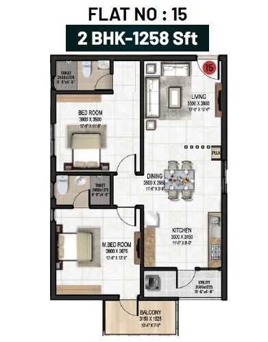 Floor plan of 2 BHK 1258 Sq. Ft. Apartment in Aastha Gardenia, Hyderabad