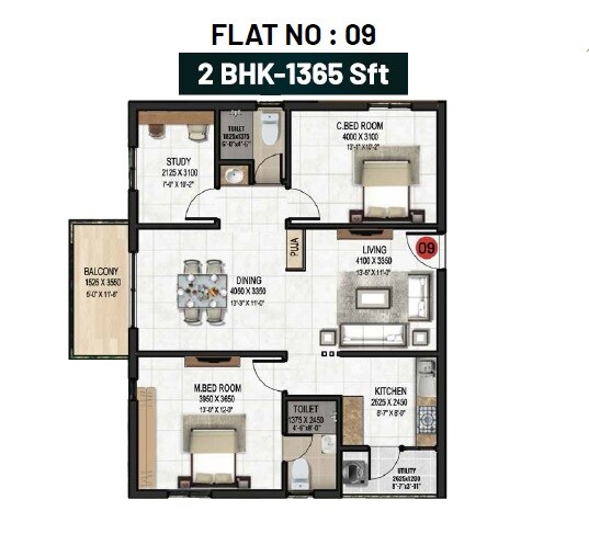 Floor plan of 2 BHK 1365 Sq. Ft. Apartment in Aastha Gardenia, Hyderabad