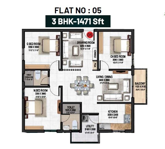 Floor plan of 3 BHK 1471 Sq. Ft. Apartment in Aastha Gardenia, Hyderabad