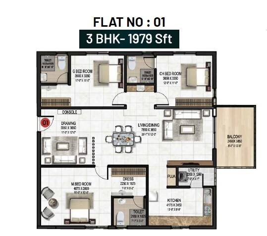 Floor plan of 3 BHK 1979 Sq. Ft. Apartment in Aastha Gardenia, Hyderabad