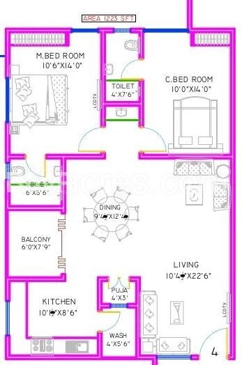 Floor plan of 2 BHK 1223 Sq. Ft. Apartment in Aasthas Elite, Hyderabad