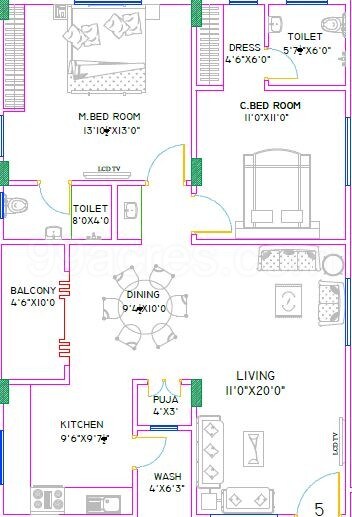 Floor plan of 2 BHK 1252 Sq. Ft. Apartment in Aasthas Elite, Hyderabad