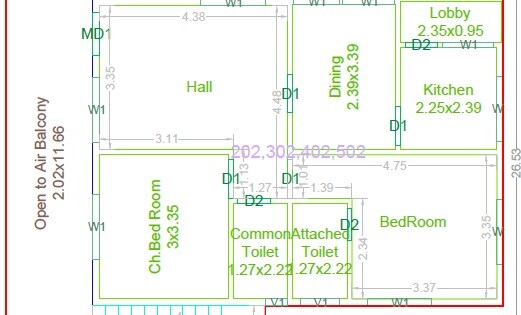 Floor plan of 2 BHK 969 Sq. Ft. Apartment in Abbigale Towers, Hyderabad