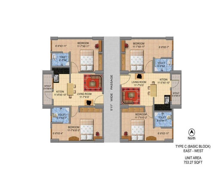 Floor plan of 2 BHK 753 Sq. Ft. Apartment in Abhiman Jawaharnagar, Hyderabad