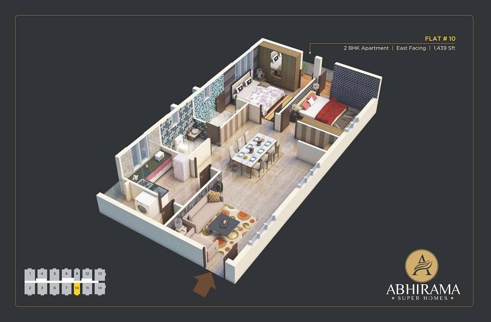 Floor plan of 2 BHK 1439 Sq. Ft. Apartment in Abhirama Super Homes, Hyderabad