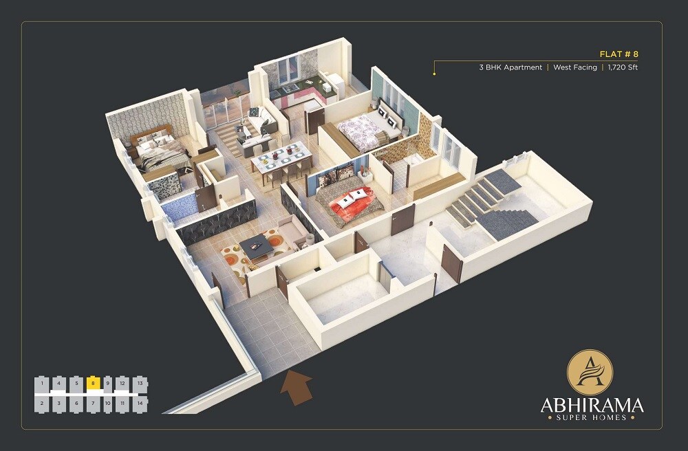 Floor plan of 3 BHK 1720 Sq. Ft. Apartment in Abhirama Super Homes, Hyderabad