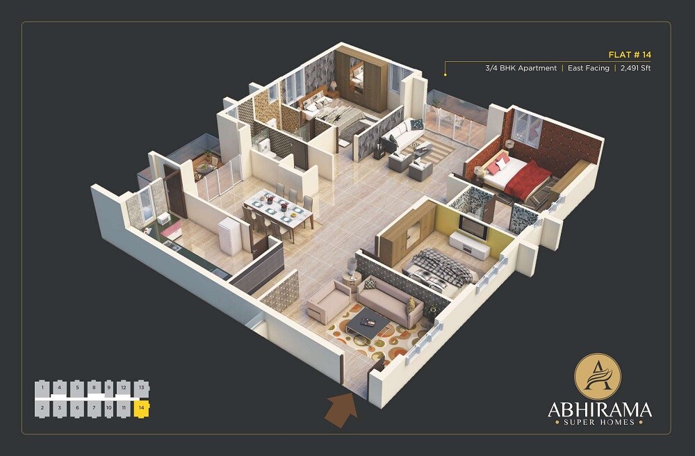 Floor plan of 3 BHK 2491 Sq. Ft. Apartment in Abhirama Super Homes, Hyderabad