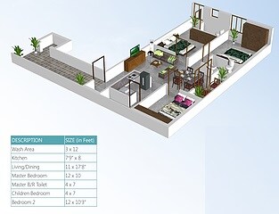 Floor plan of 3 BHK 1425 Sq. Ft. Apartment in Abod KBR Residency, Hyderabad